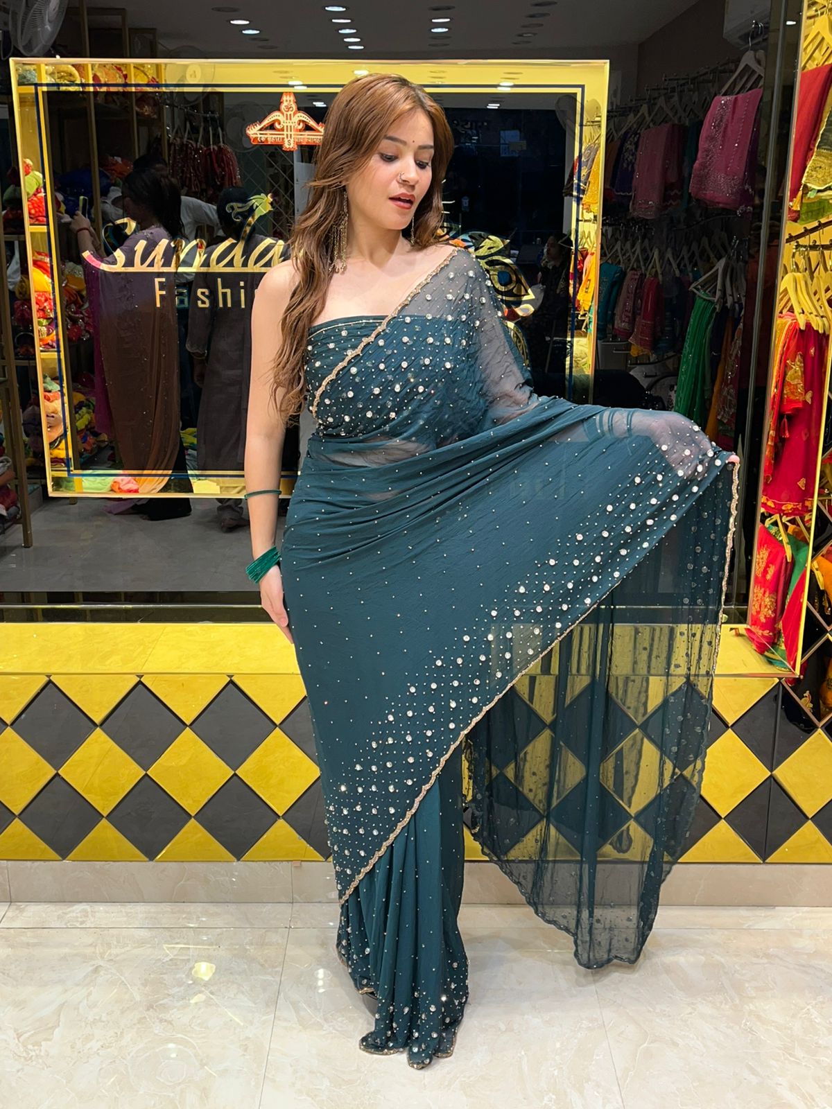 Celebrity Style Bottle Green Handcrafted Saree (328)