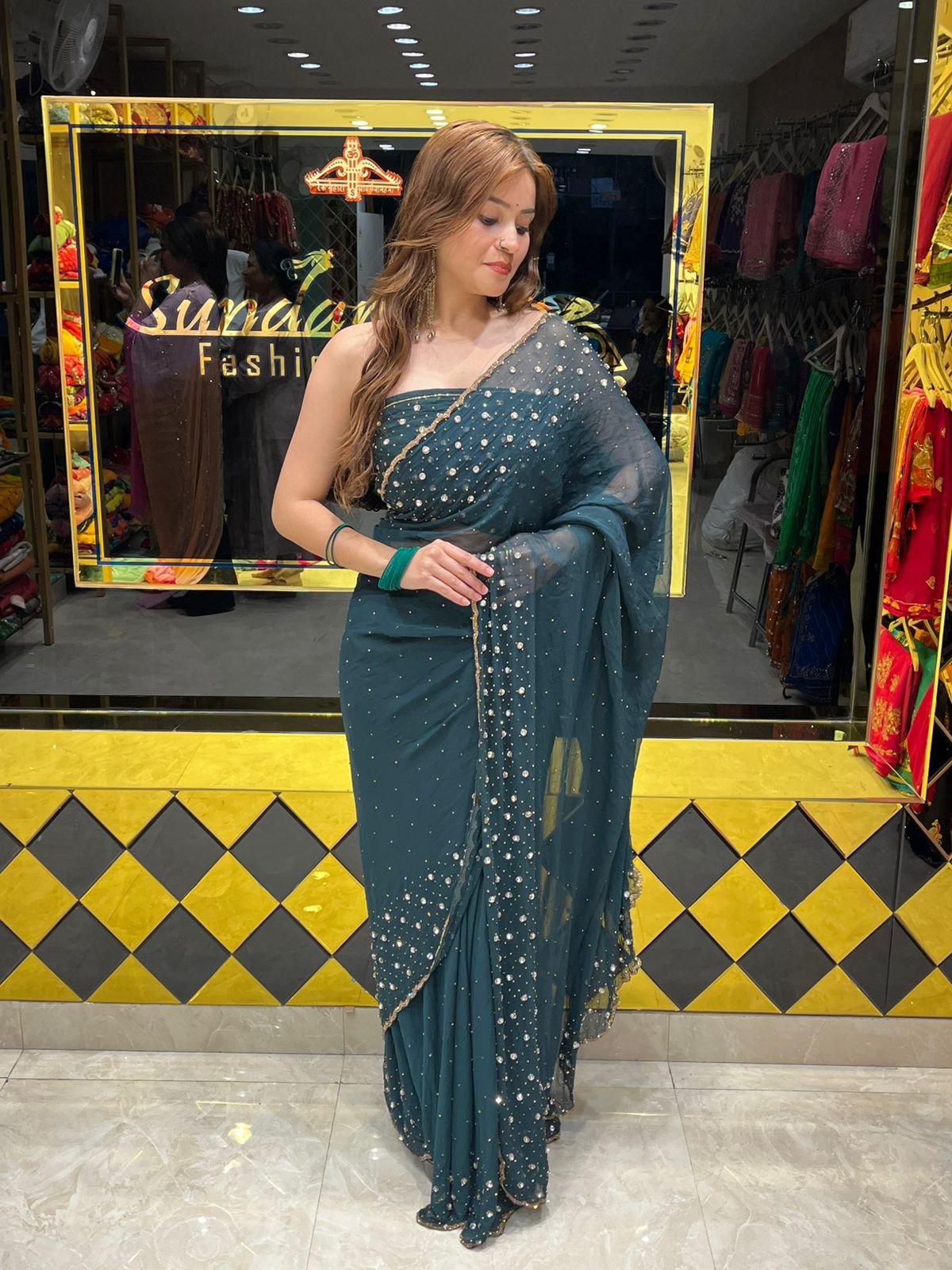 Celebrity Style Bottle Green Handcrafted Saree (328)