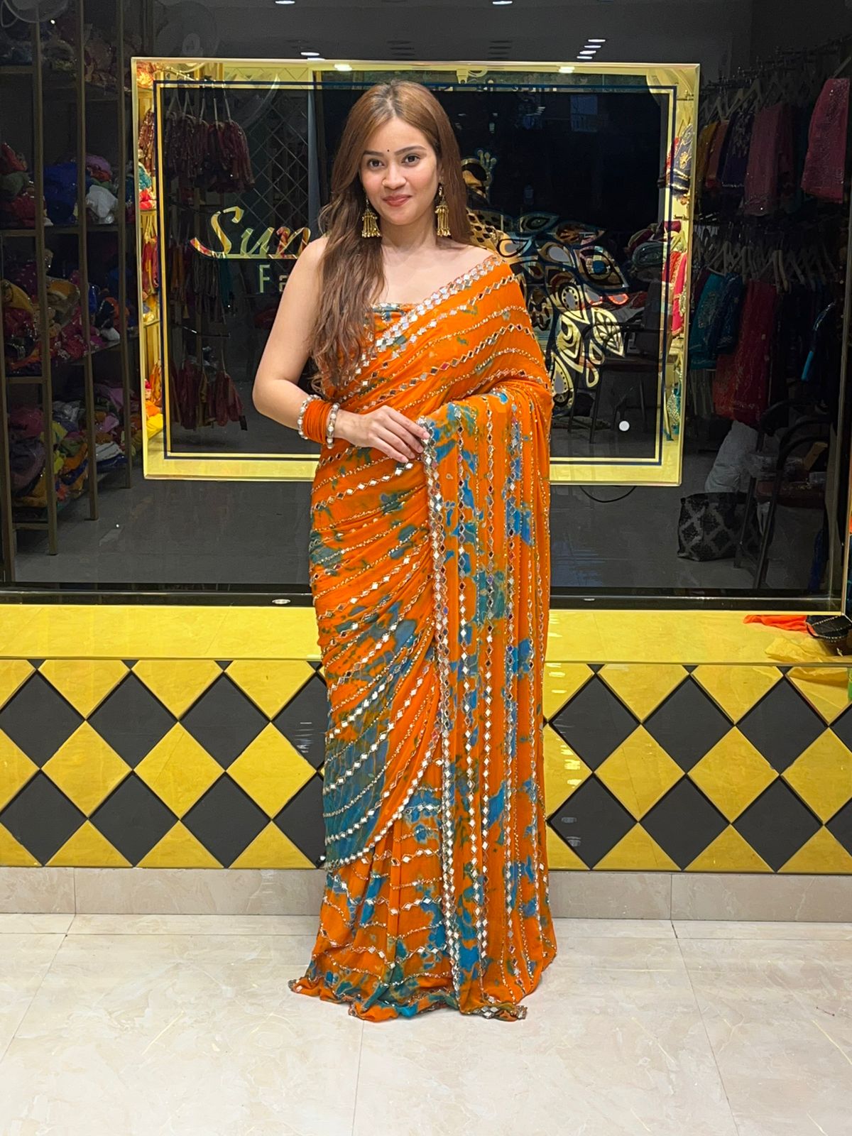 Orange Katdana Premium Handwork Pure Chiffon Saree (340)