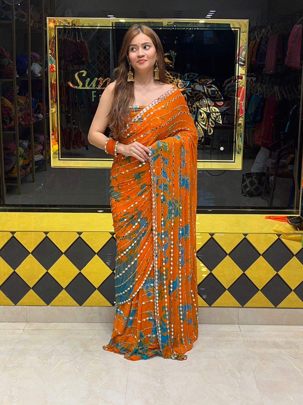 Orange Katdana Premium Handwork Pure Chiffon Saree (340)