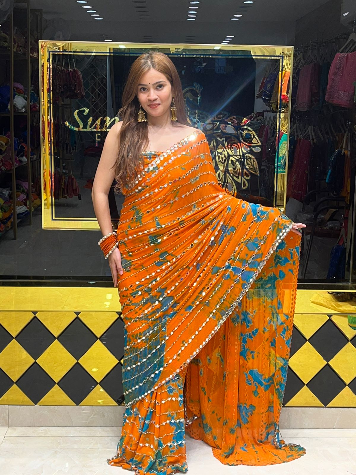 Orange Katdana Premium Handwork Pure Chiffon Saree (340)