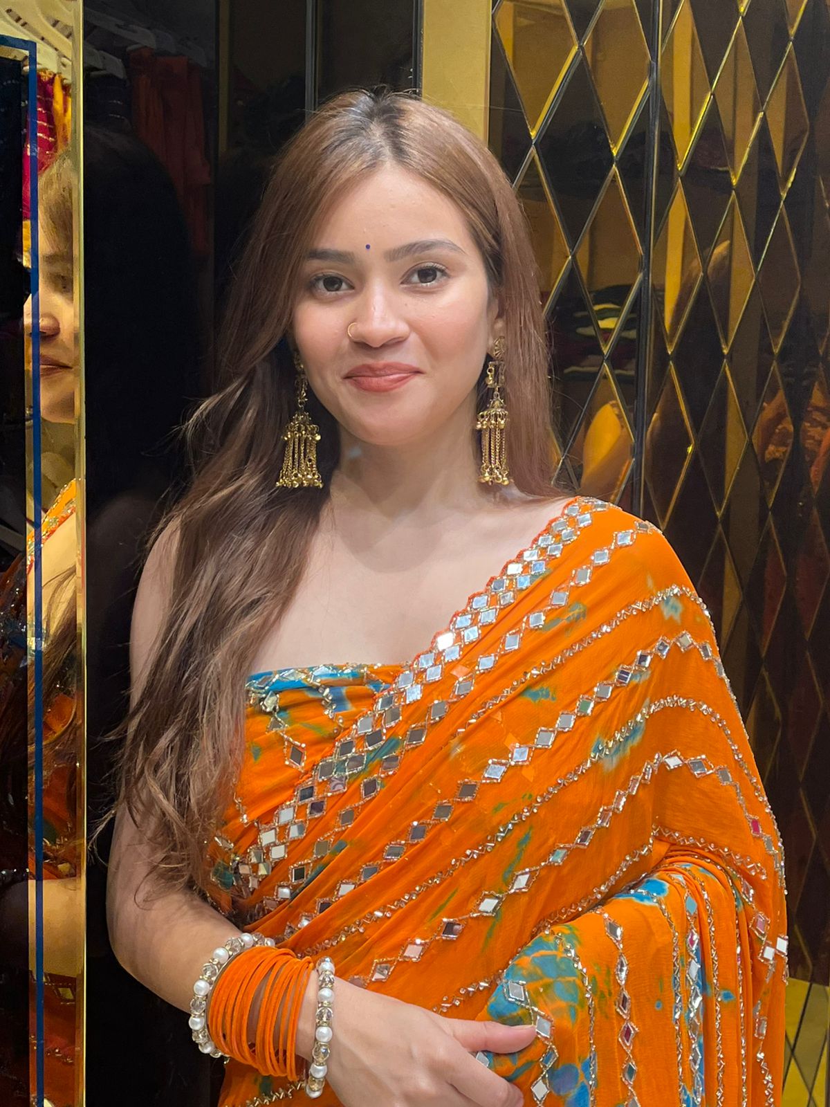 Orange Katdana Premium Handwork Pure Chiffon Saree (340)