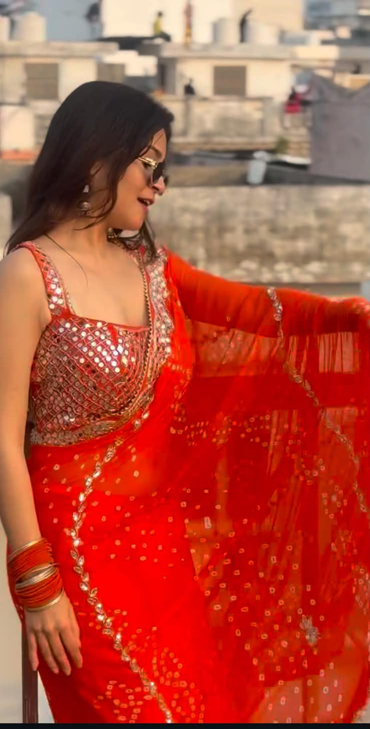Orange Bandhej Pure Chiffon Premium Handwork Saree (163A)