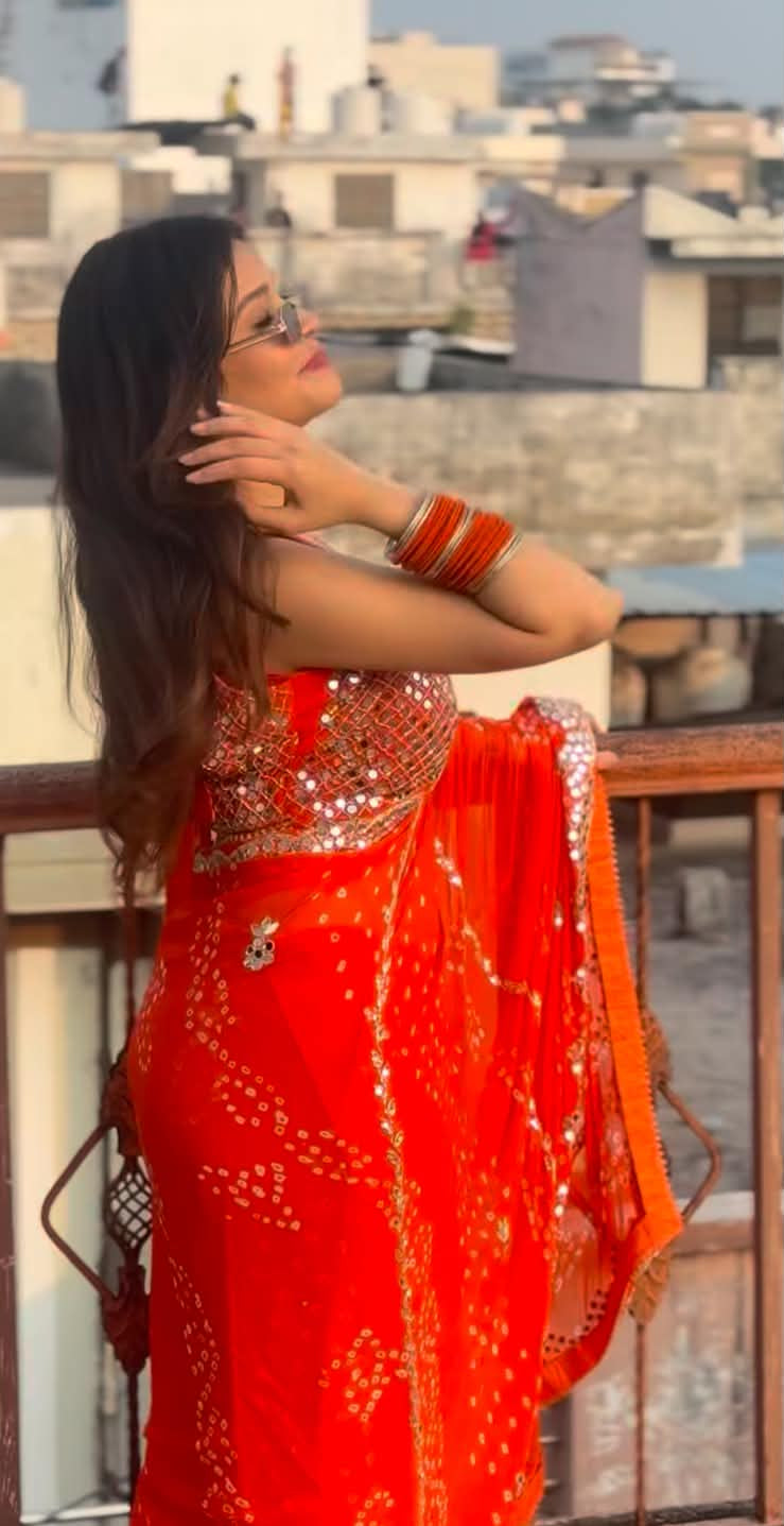 Orange Bandhej Pure Chiffon Premium Handwork Saree (163A)