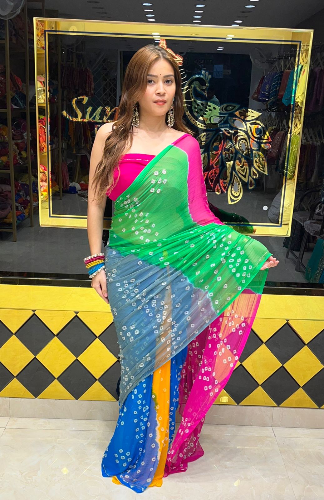 Multicolour Bandhani Katdana Handcrafted Saree (S32)