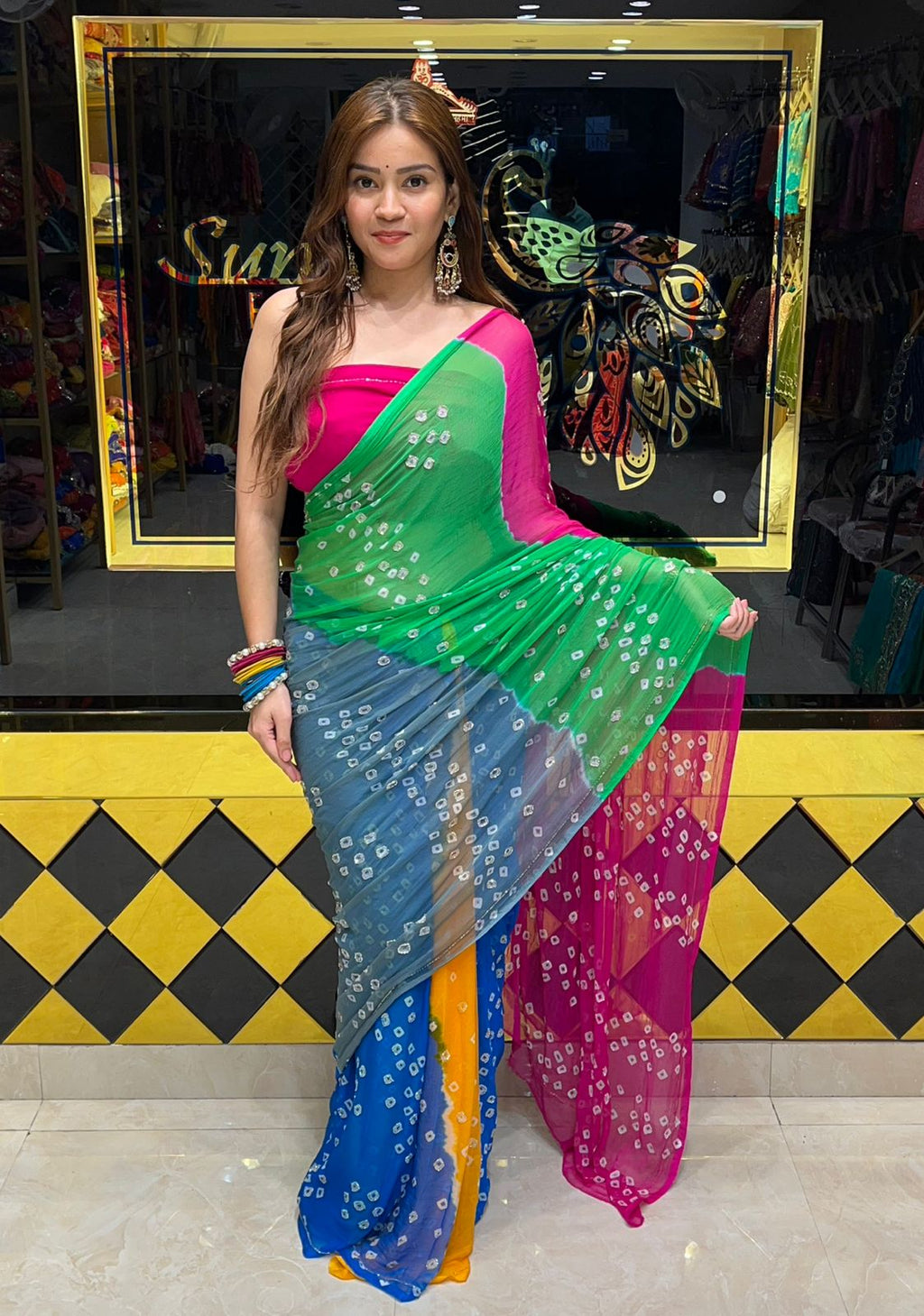 Multicolour Bandhani Katdana Handcrafted Saree (S32)