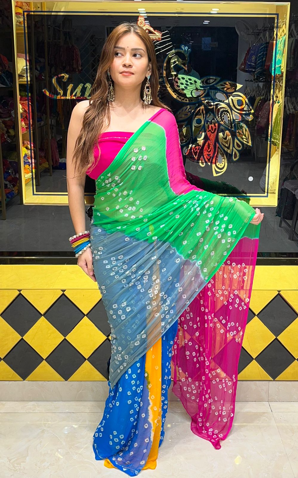 Multicolour Bandhani Katdana Handcrafted Saree (S32)