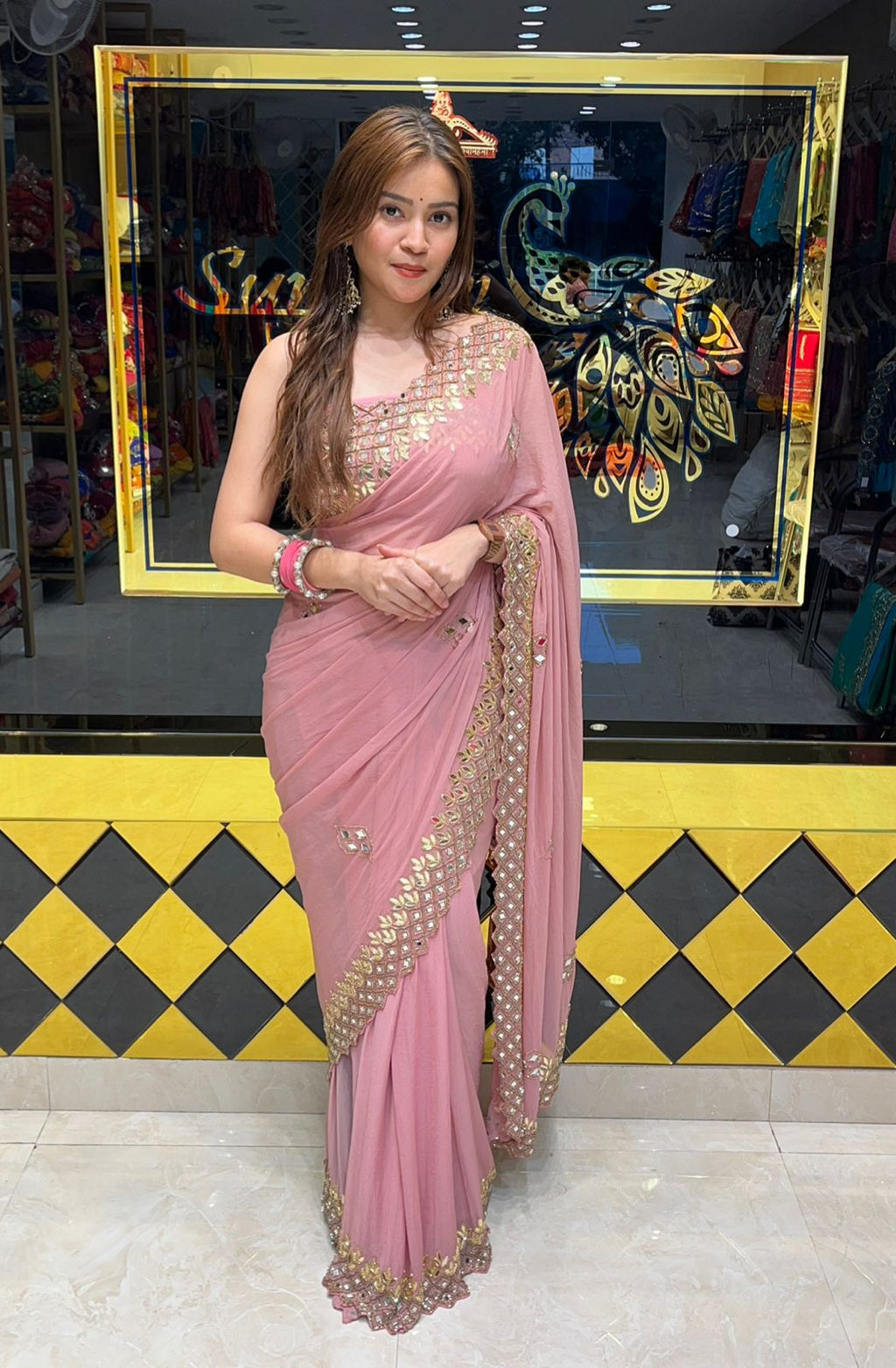 Onion Pink Mirror & Gotapati Handcrafted Saree (339)