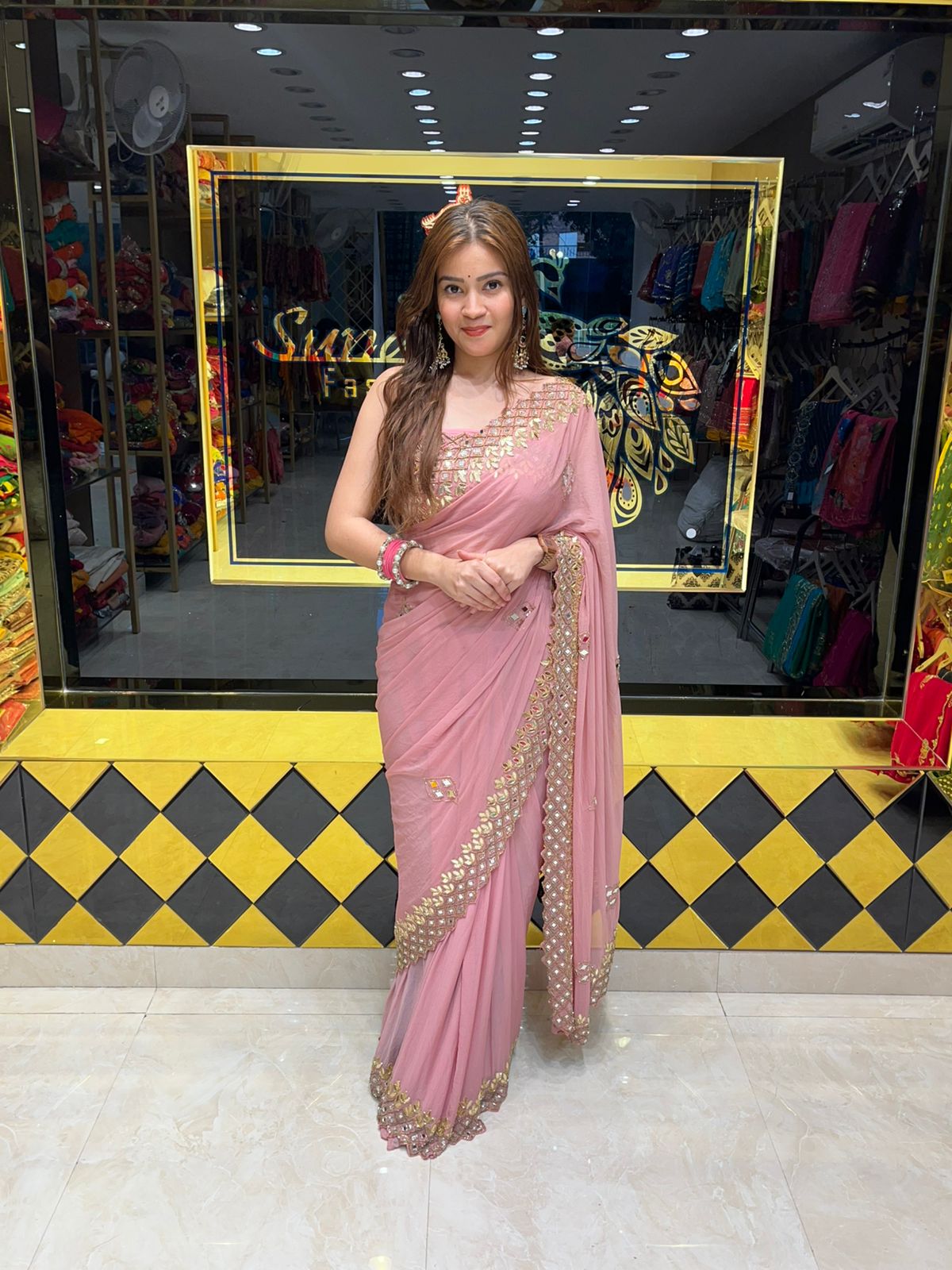 Onion Pink Mirror & Gotapati Handcrafted Saree (339)
