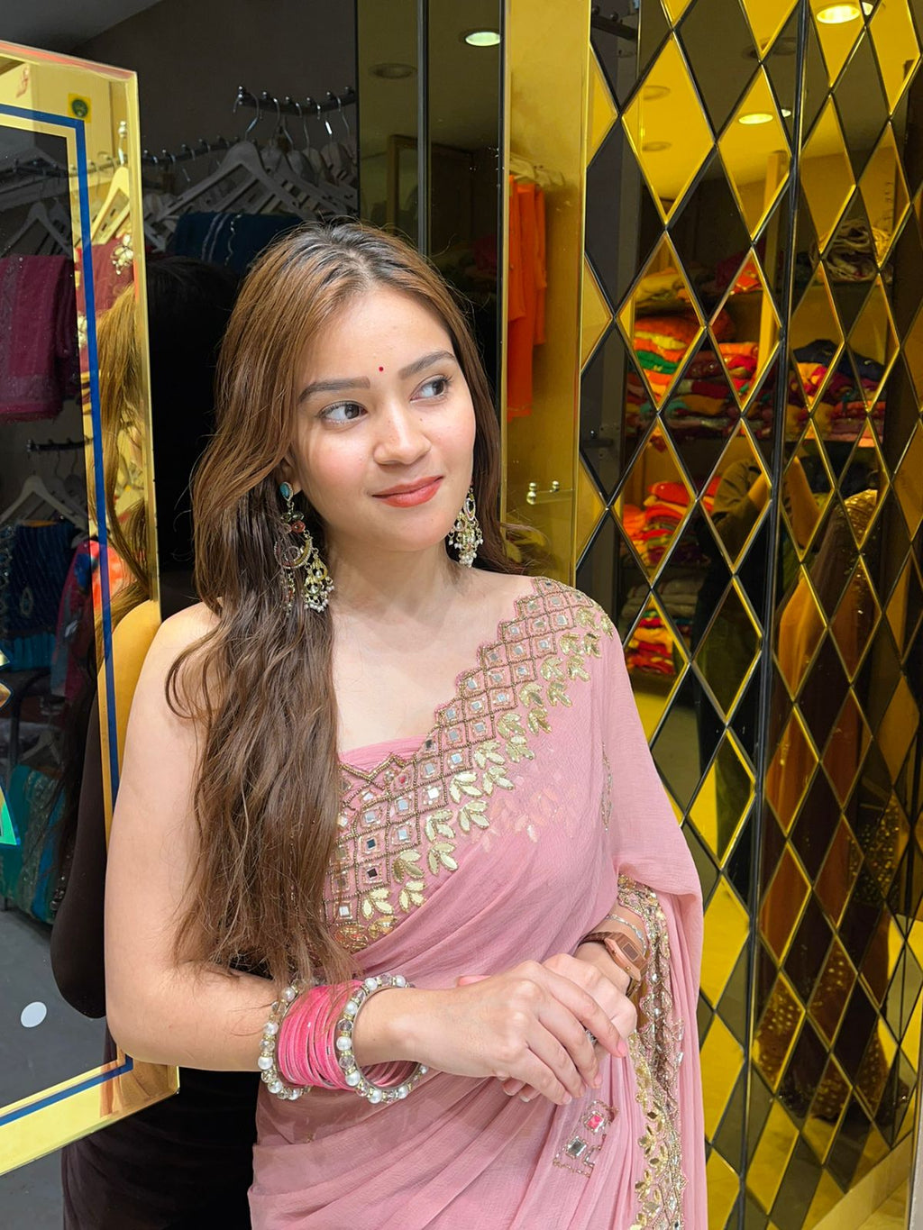 Onion Pink Mirror & Gotapati Handcrafted Saree (339)