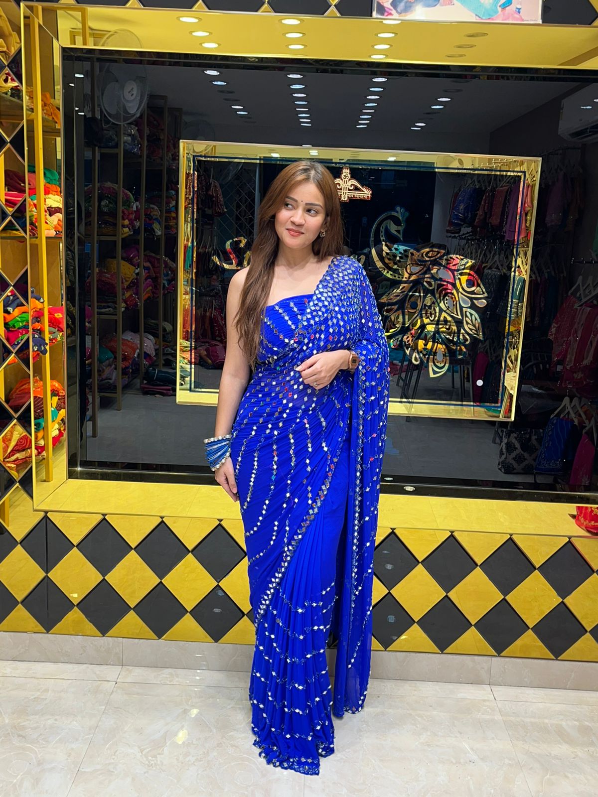 Blue Full Mirror Work Saree (343)