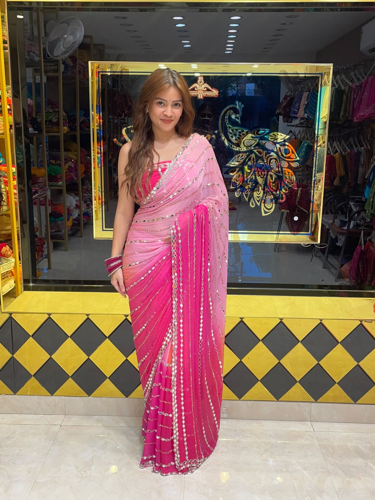 Pink  Mirror Handcrafted Saree (350)