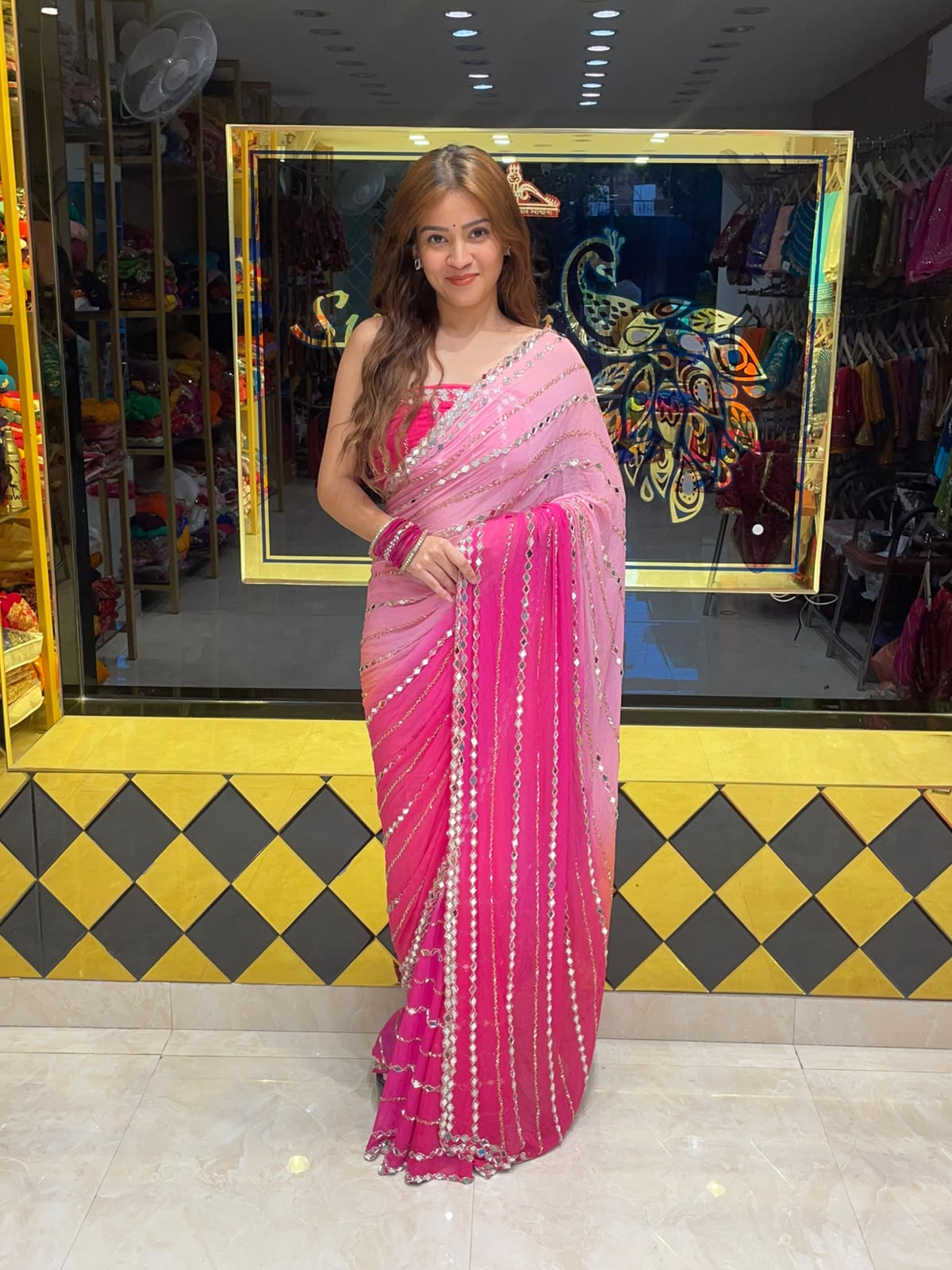 Pink  Mirror Handcrafted Saree (350)