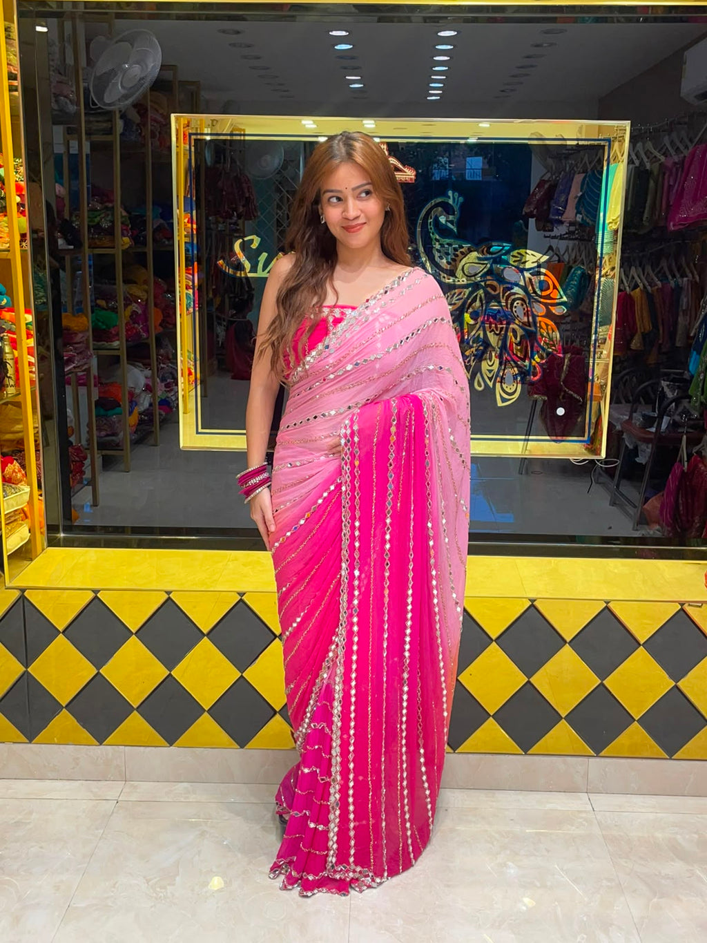 Pink  Mirror Handcrafted Saree (350)