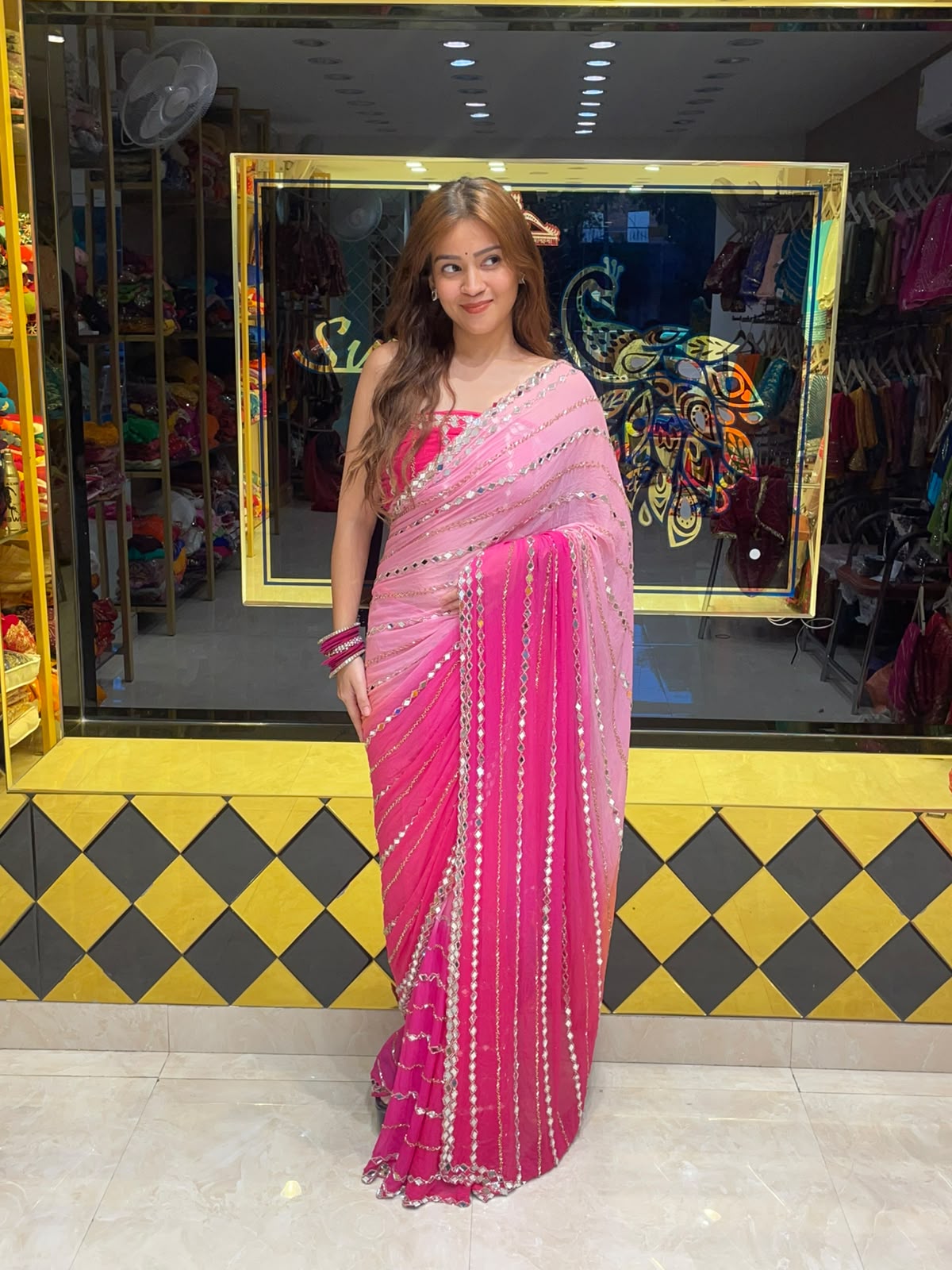 Pink  Mirror Handcrafted Saree (350)