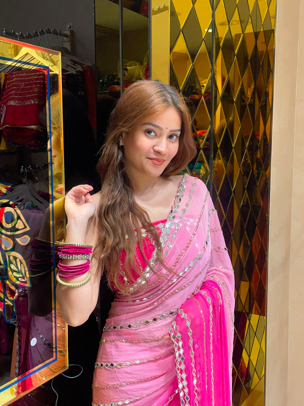 Pink  Mirror Handcrafted Saree (350)