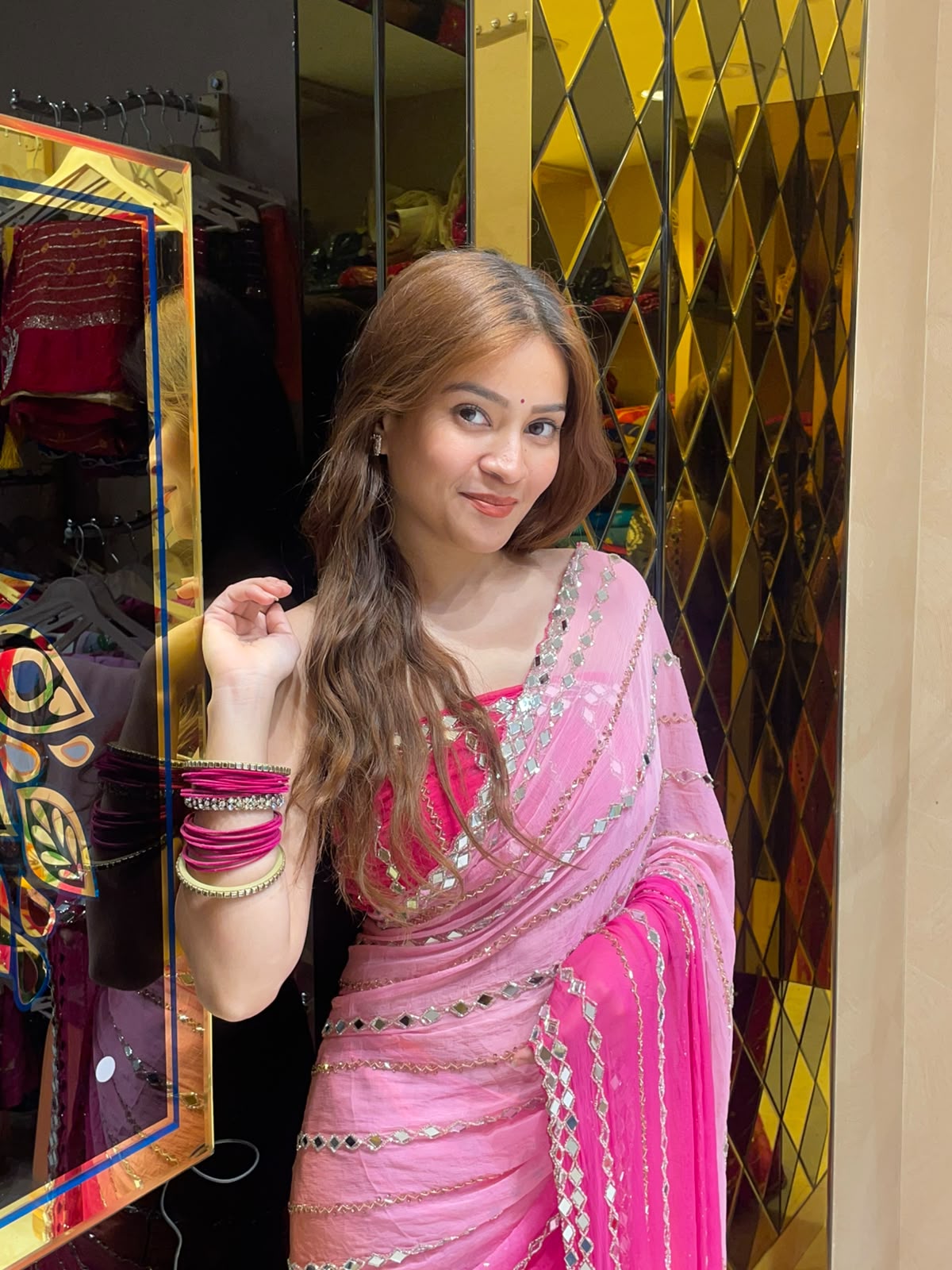 Pink  Mirror Handcrafted Saree (350)
