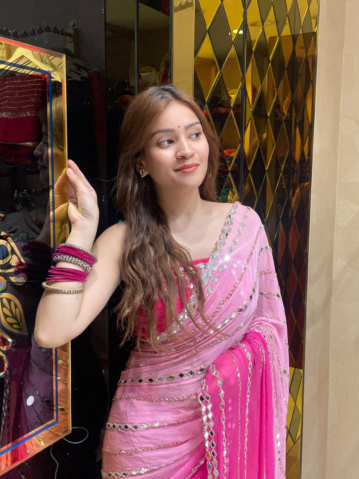 Pink  Mirror Handcrafted Saree (350)