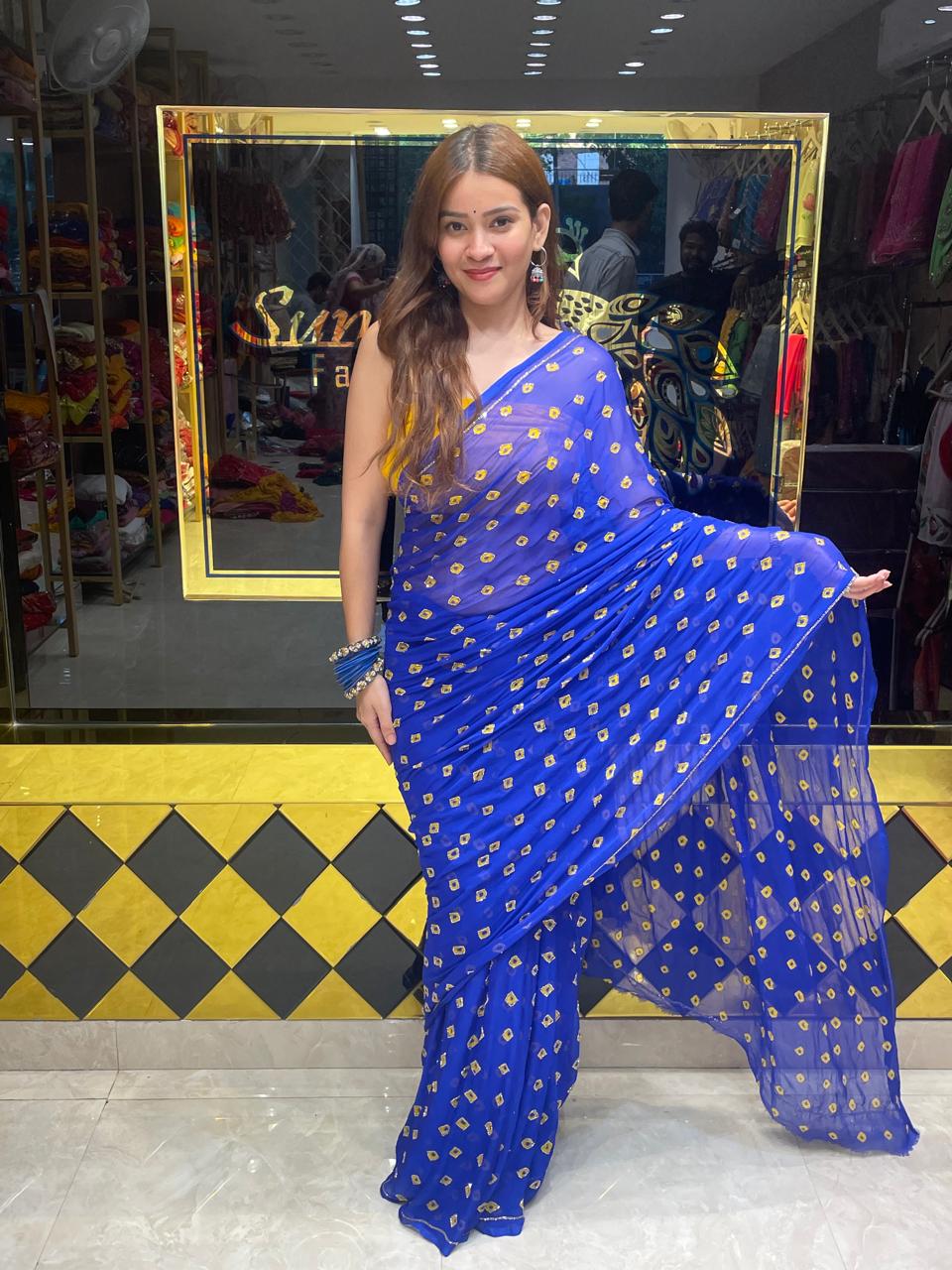 Pure Chiffon Blue Bandhani Handcrafted Saree (S46)