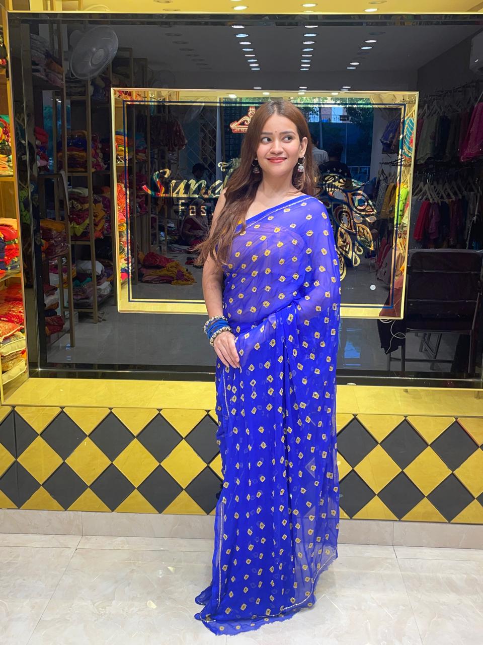 Pure Chiffon Blue Bandhani Handcrafted Saree (S46)