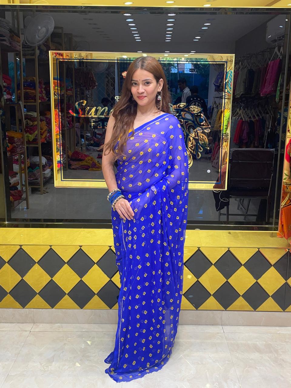 Pure Chiffon Blue Bandhani Handcrafted Saree (S46)