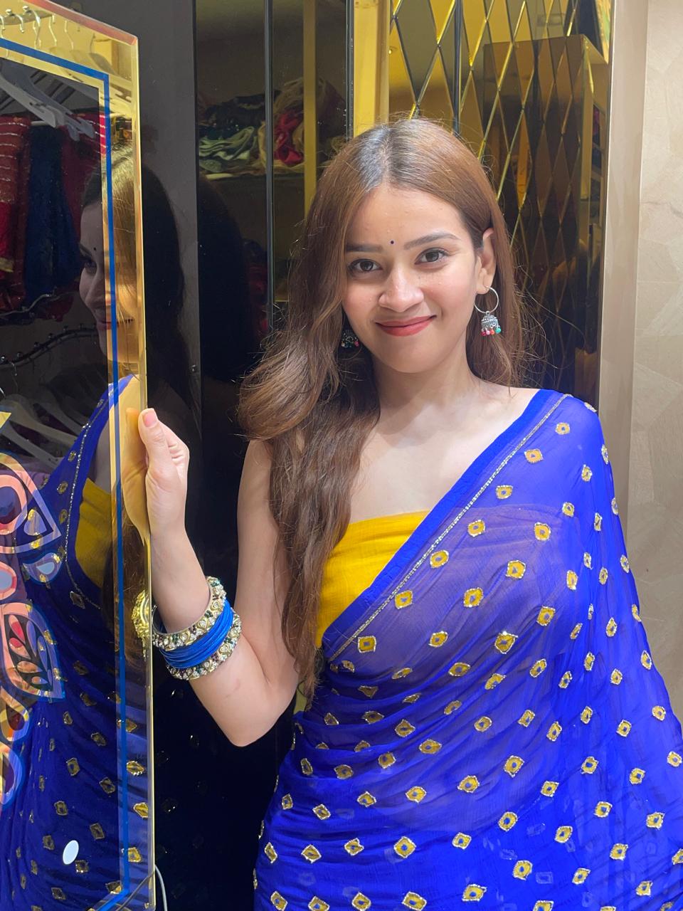 Pure Chiffon Blue Bandhani Handcrafted Saree (S46)