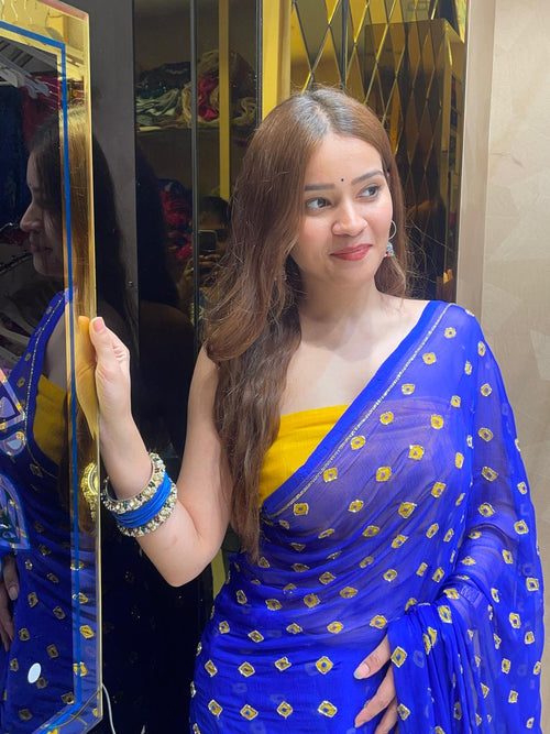 Pure Chiffon Blue Bandhani Handcrafted Saree (S46)