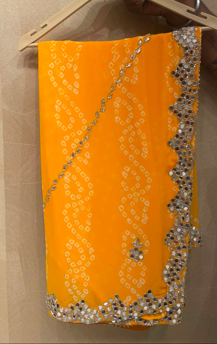 Yellow Circle Mirror Bandhej Saree (351A)