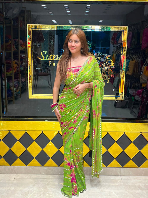 Green Katdana Premium Handwork Pure Chiffon Saree (355)