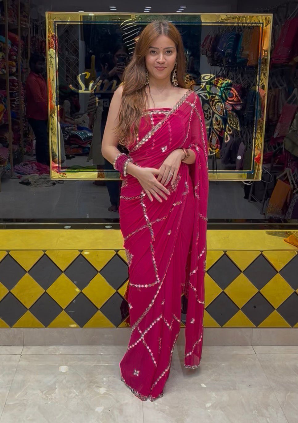 Hot Pink Mirror Handcrafted Saree (361)