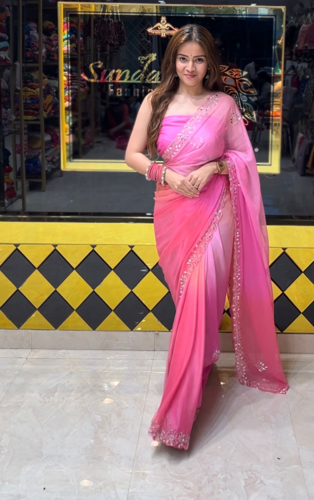 Pink ombre Katdana & Mirror work Saree (S54)