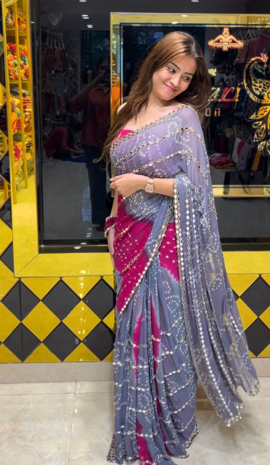 Handmade Bandhej Mirror Handcrafted Saree (364)