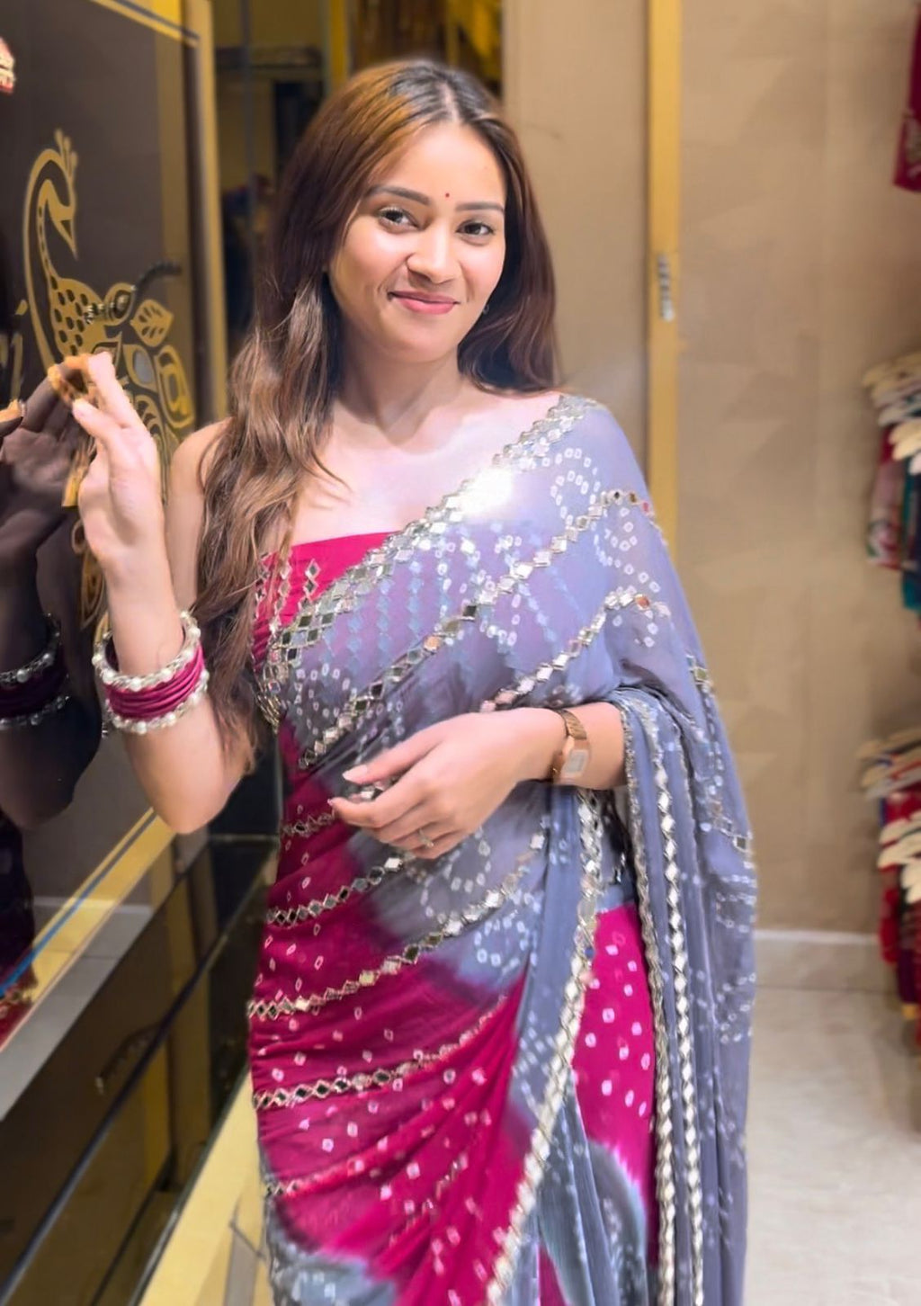 Handmade Bandhej Mirror Handcrafted Saree (364)