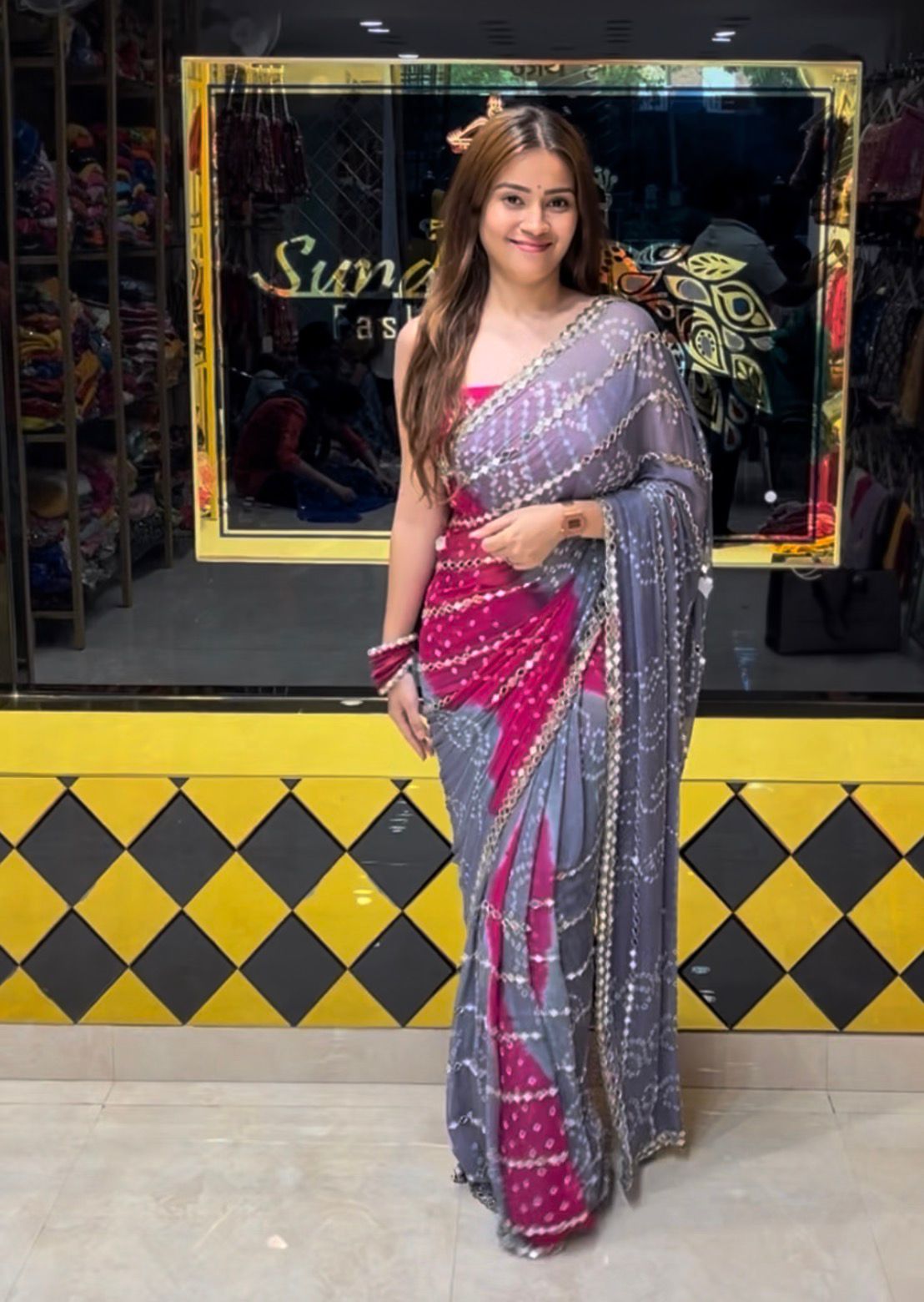 Handmade Bandhej Mirror Handcrafted Saree (364)