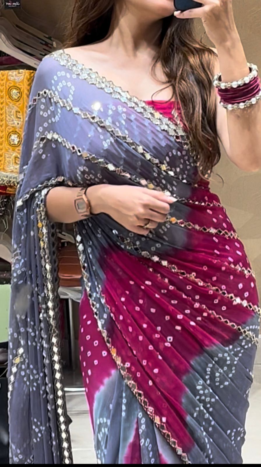 Handmade Bandhej Mirror Handcrafted Saree (364)