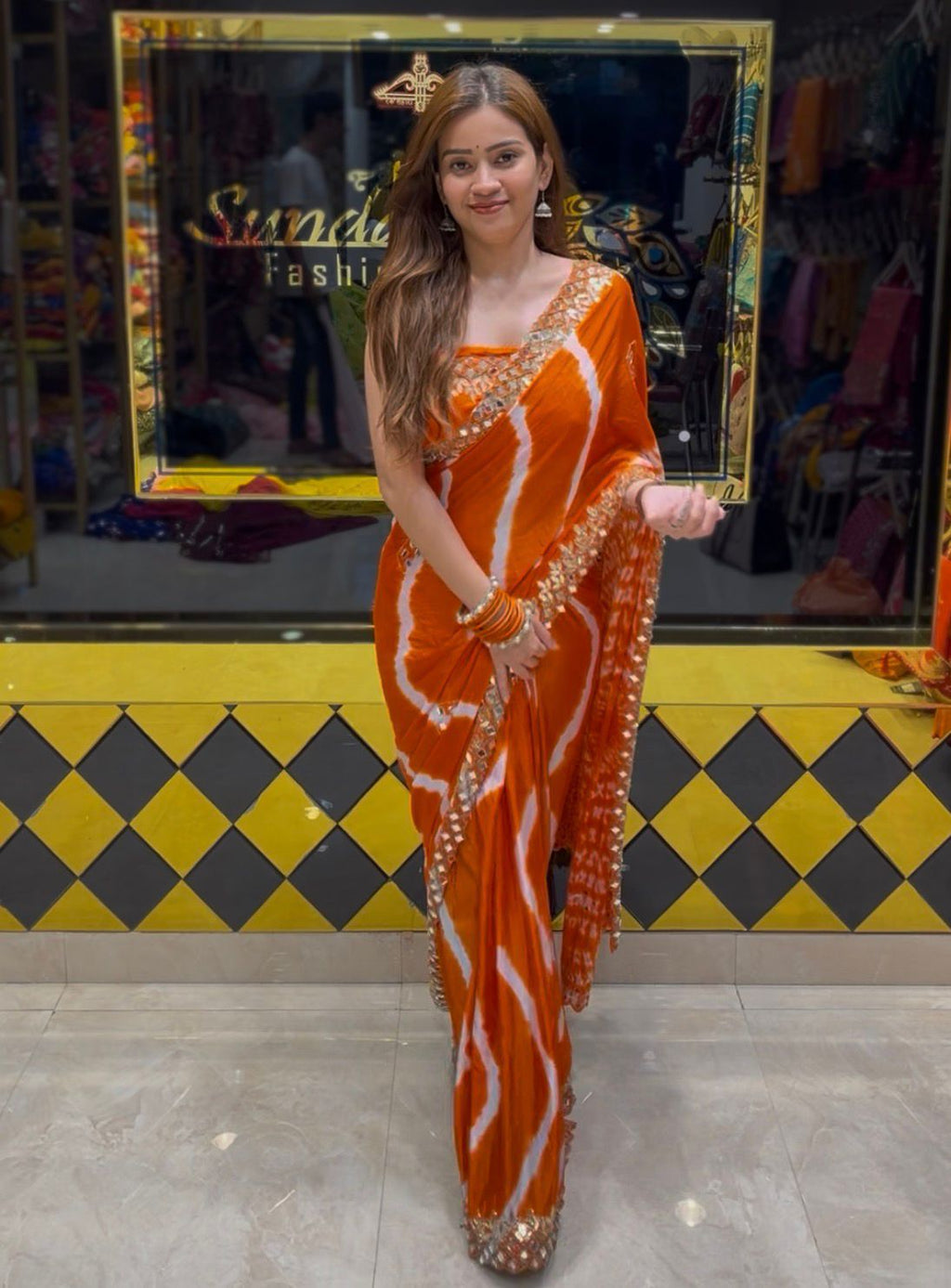 Orange Lehariya Handcrafted Saree (367)