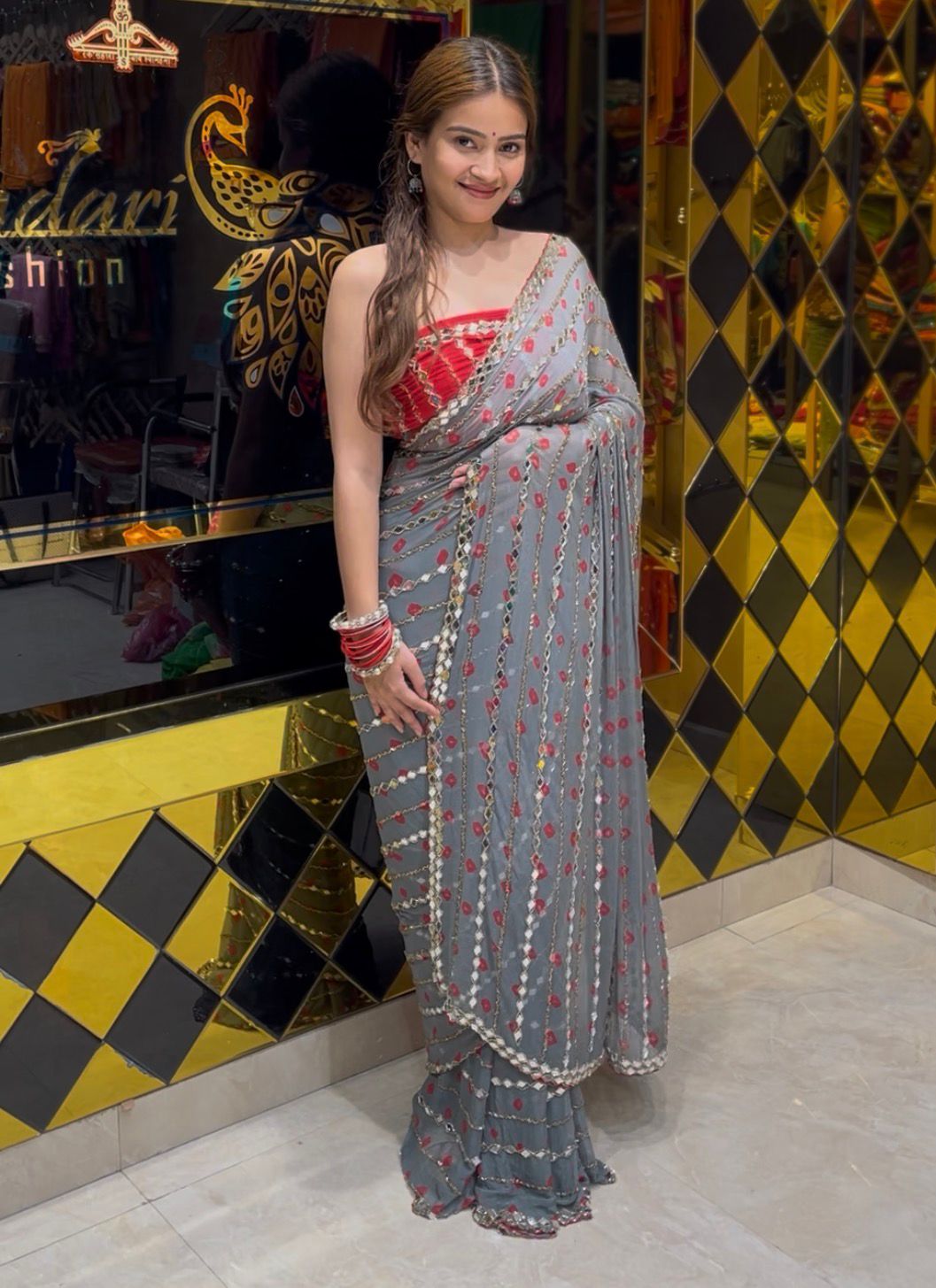 Grey Bandhej Katdana Mirror Handwork Saree(370)