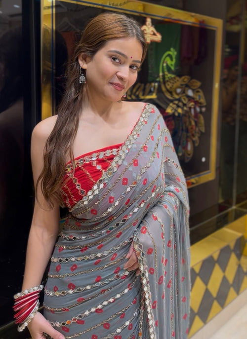 Grey Bandhej Katdana Mirror Handwork Saree(370)