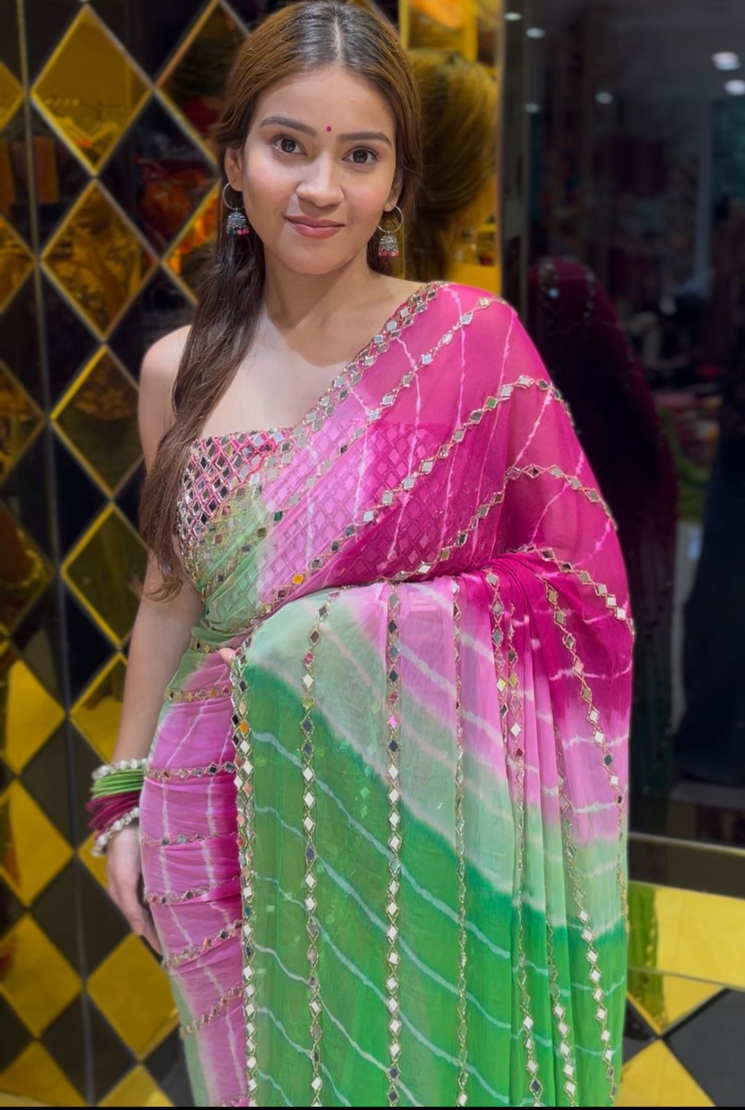 Multicolour Lehriya Mirror Work Saree (368)