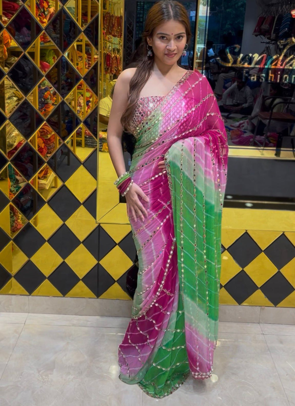 Multicolour Lehriya Mirror Work Saree (368)