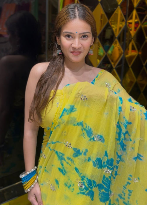 Lemon Yellow Katdana & Mirror Handcrafted Saree (S55)