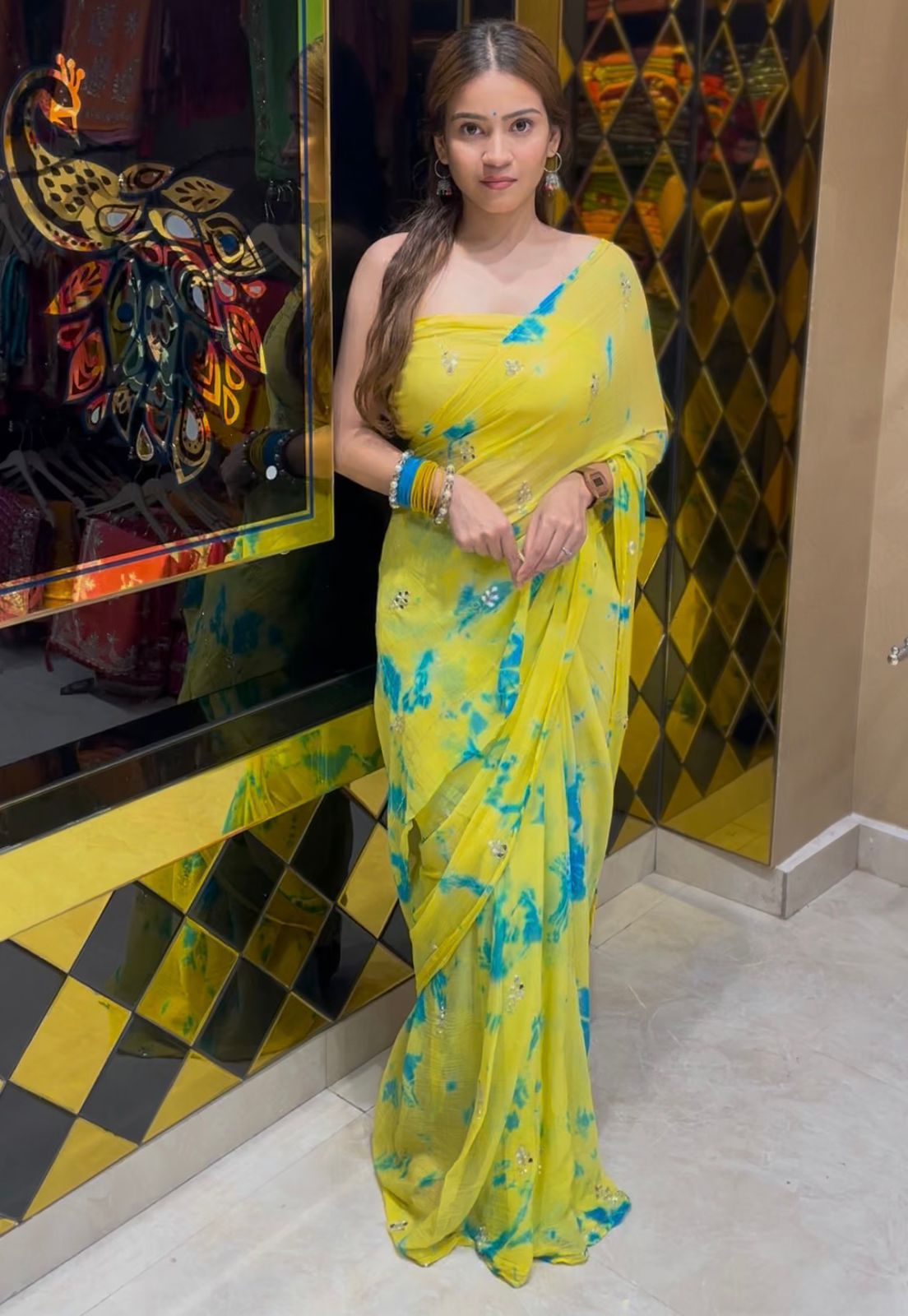 Lemon Yellow Katdana & Mirror Handcrafted Saree (S55)