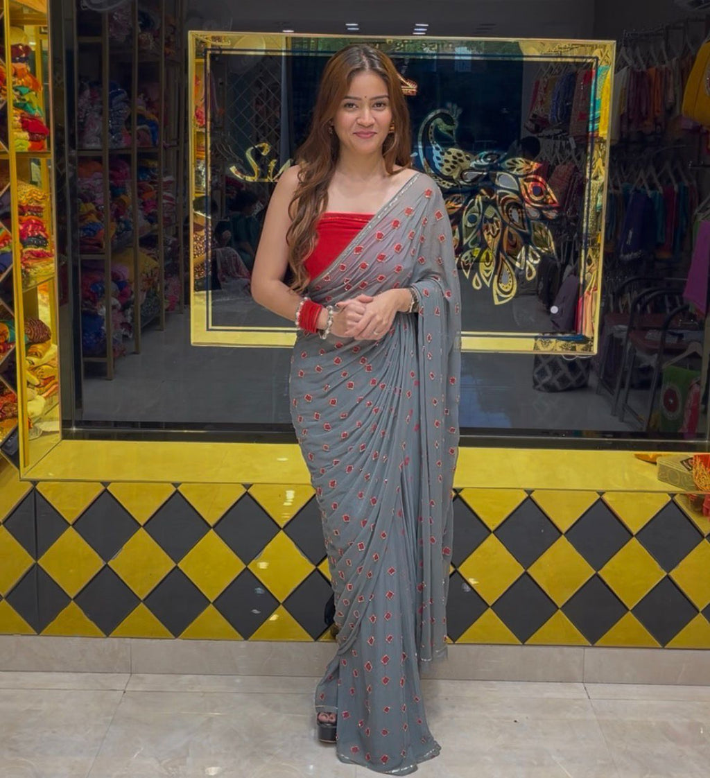 Grey Pure Chiffon Bandhani Handcrafted Saree (S63)