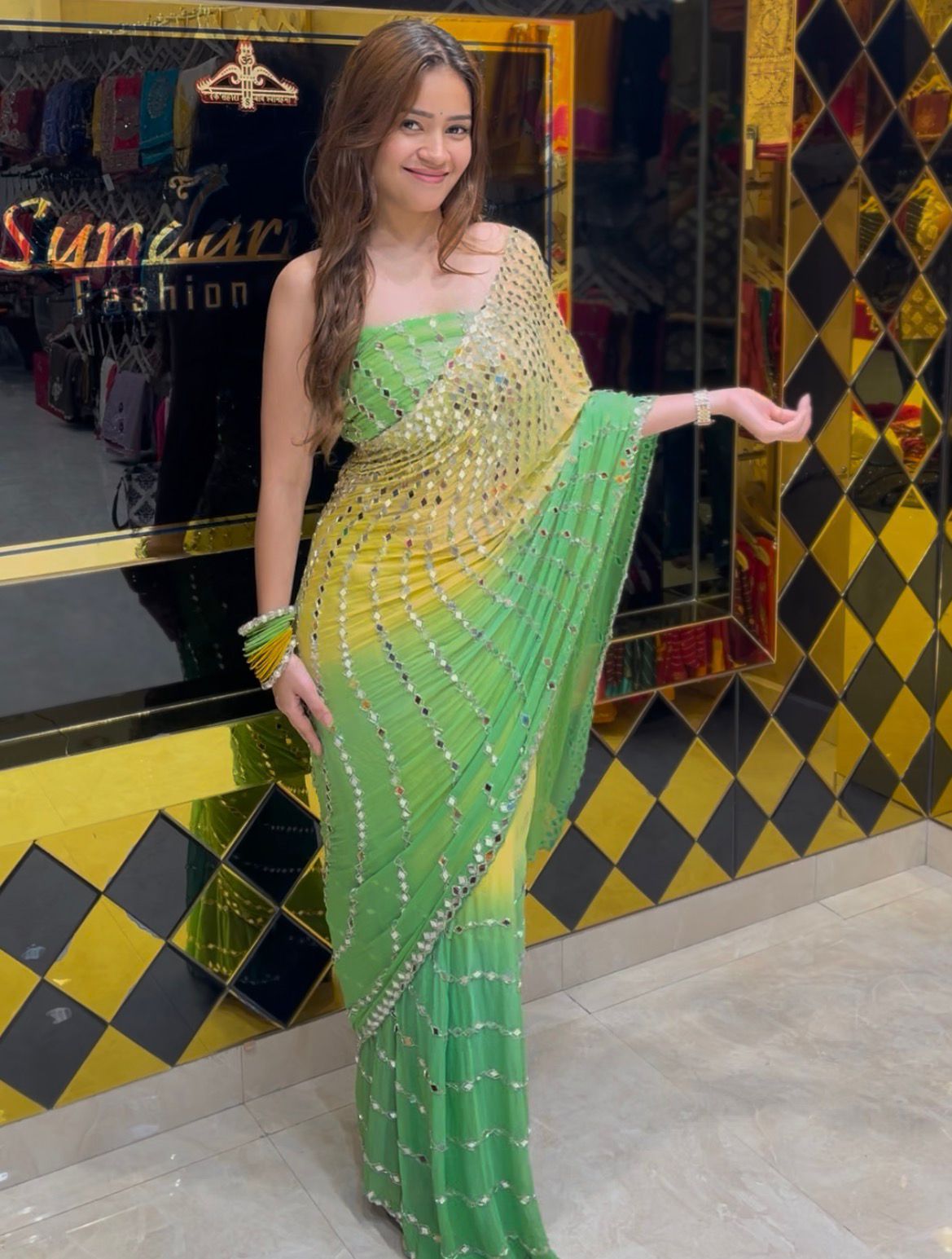 Dual Shade  Mirror Work Saree (376)