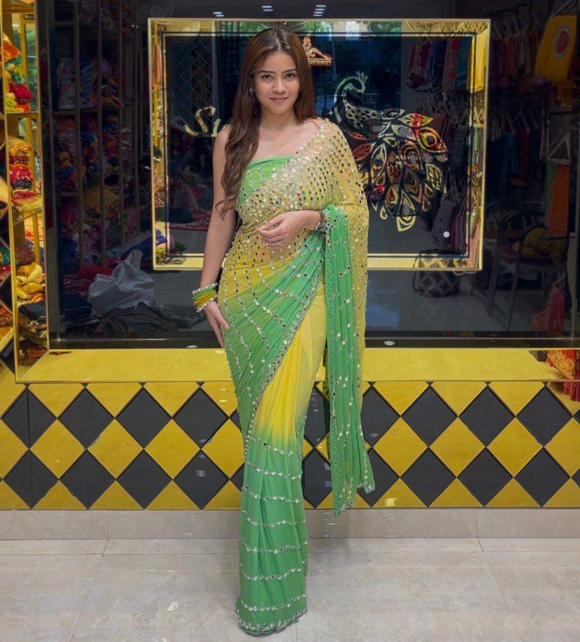Dual Shade  Mirror Work Saree (376)
