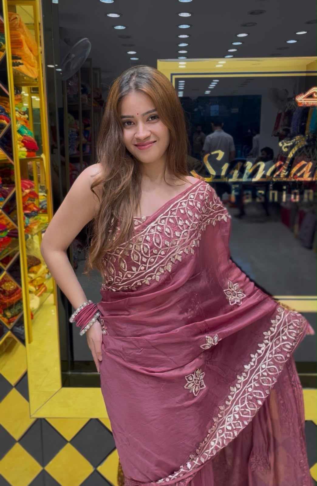 Muave Pink Pure Crepe Gotapati Designer Saree (379)