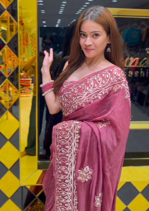 Muave Pink Pure Crepe Gotapati Designer Saree (379)