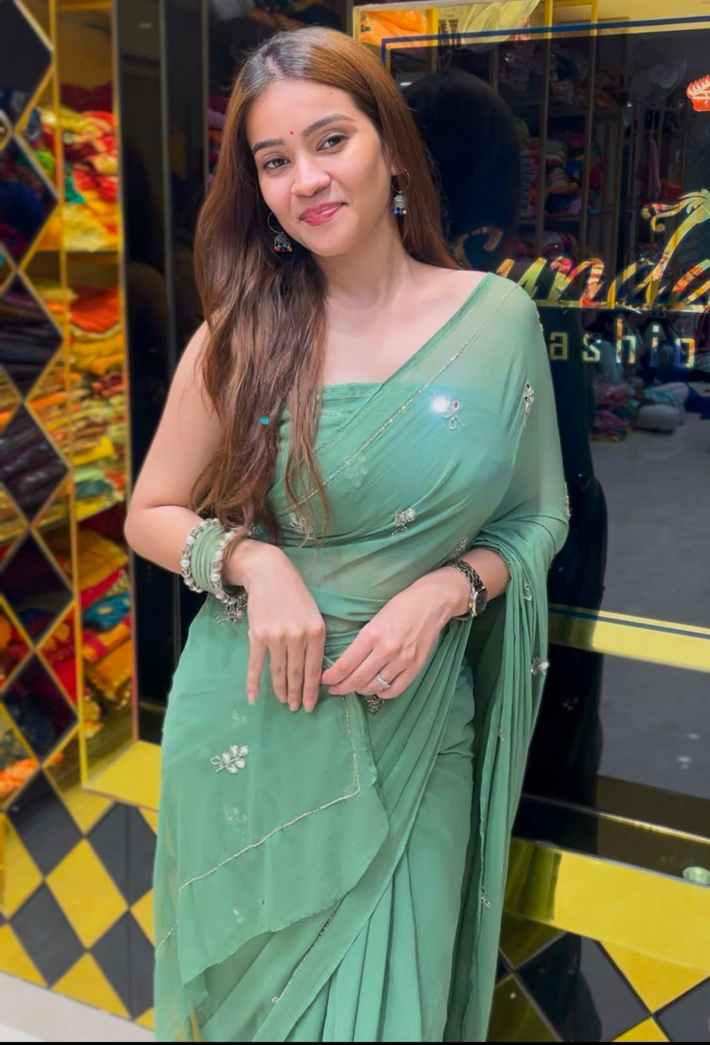 Pista Green Katdana & Mirror Handcrafted Saree (S66)