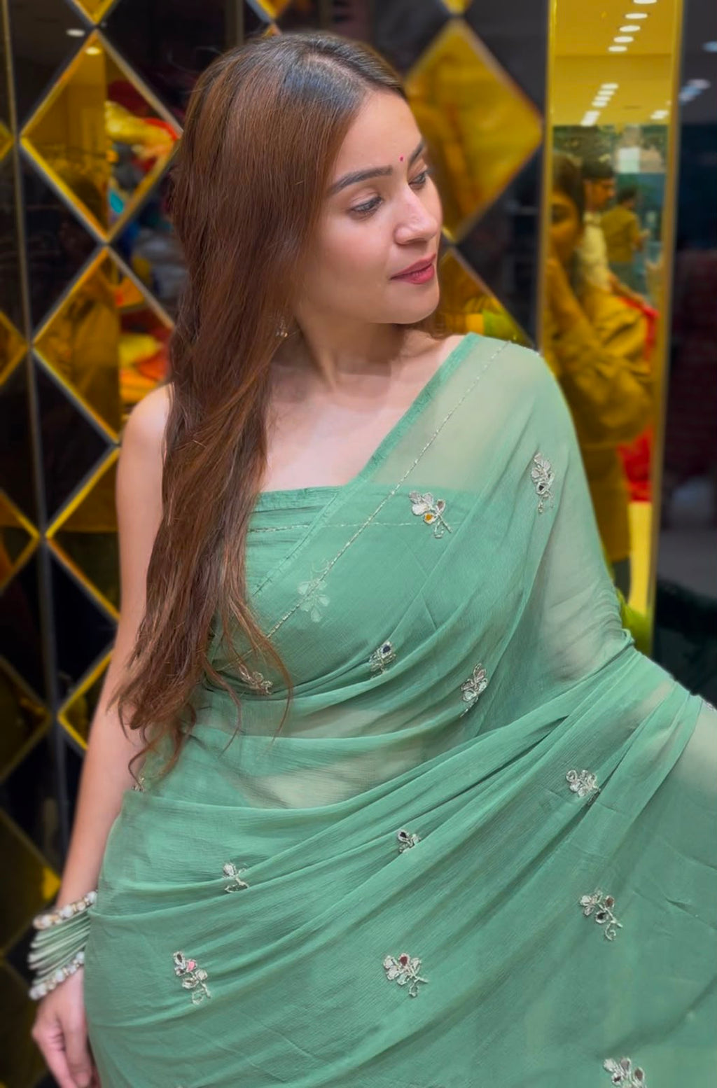 Pista Green Katdana & Mirror Handcrafted Saree (S66)