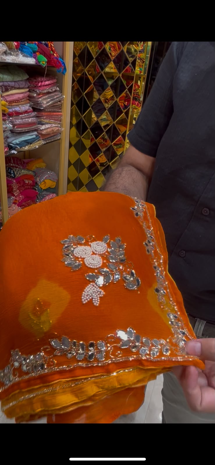 Orange Pearl & Mirror Handmade Bandhej Saree (S69)